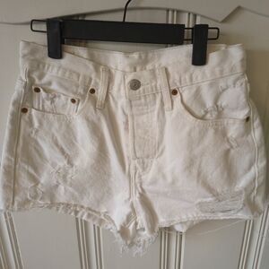 Levi's White Distressed Raw Hem Denim Shorts